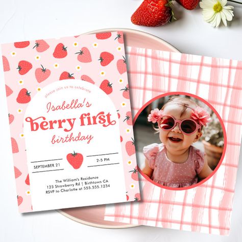 Strawberry 1st Birthday Party Berry First Photo  Invitation First Birthday Girl Summer, Strawberry 1st Birthday, Fruit Birthday, 1st Birthday Party Invitations, Cadeau Photo, Party Details, Single Photo, Photo Invitations, Birthday Invitations Girl