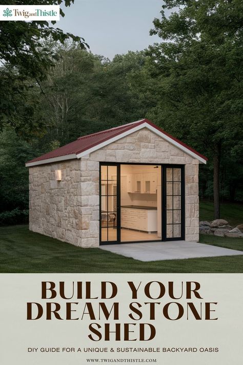 Stone Shed Stone Shed, Sustainable Backyard, Shed Diy, Shed Building, Embrace Natural Beauty, Shed Ideas, Stone Exterior, Shed Roof, Exterior Stone