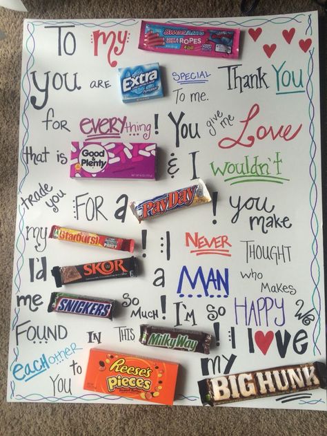 candy bar anniversary poster | Fun and sweet candy board I made for my boyfriend for our anniversary ... Diy Christmas Cards For Boyfriend, Candy Poster Board, Candy Bar Sayings, Candy Birthday Cards, Candy Bar Poster, Candy Bar Posters, Anniversary Poster, Candy Board, Candy Grams