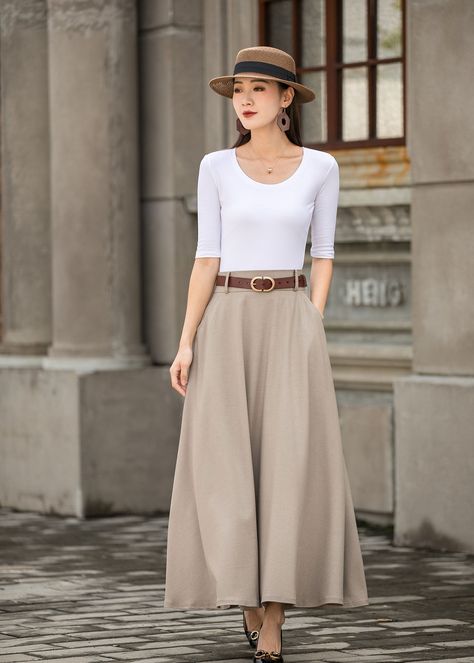 "Get dressed and out of the door in classic good looks with this pleated Long maxi skirt, crafted with soft cotton linen fabric, featuring pleated waist detail and two big pockets. DETAIL * More color https://etsy.me/3fsncV4 * 50% linen, 50% cotton * Has no lining, Not see through * Two pockets * High waistband * Back elastic waistband * Right Side zipper closure * Ankle length * Perfect for spring and summer, autumn * Wash by hand or machine with cold water *The model is 170 cm (5′7″) tall with Business Casual Long Skirt, Khaki Long Skirt Outfit, Full Length Skirt Outfits, Modest Style Inspiration, Style A Line Skirt, Elegant Skirt Outfits, High Waist Maxi Skirt, Long Linen Skirt, Long Skirt Casual