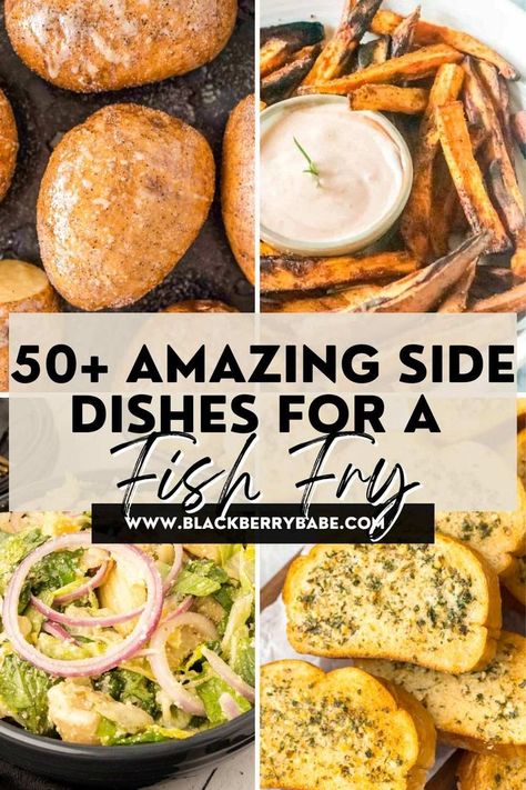 a collage of photos of recipes that go with fried fish Side Dishes For Fried Fish, Cake Mix Cherry Cobbler, List Of Side Dishes, Fish Fry Sides, Amazing Side Dishes, Mini Blueberry Pies, Fish Sides, Side Dishes For Fish, Bacon Wrapped Pork Tenderloin