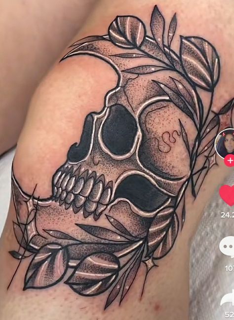 Knee And Shin Tattoos For Women, Skull Knee Cap Tattoo, Leg Skeleton Tattoo, Knee Tattoo Cover Up Ideas, Knew Cap Tattoo, Skeleton Clown Tattoo, Lower Back And Hip Tattoos, Unique Skull Tattoos For Women, Ghost Sleeve Tattoo