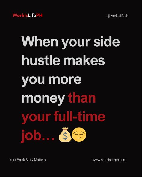 When your side hustle makes you more money than your full-time job… 💰😏 

What would you do? Resign and focus on the hustle or keep both to stack that cash? 

Let us know! 👇

#SideHustleLife #CareerMoves #GrindAndShine #MoneyTalks #WorkIsLifePH Money Talks, Full Time Job, The Hustle, More Money, Side Hustle, Full Time, Focus On, Siding, Money