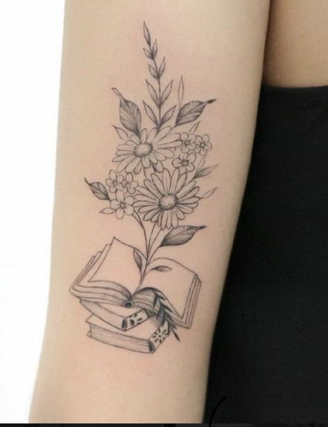 Open Book Tattoo Ideas For Women, Sunflower Book Tattoo, Floral Book Tattoo, Book And Flower Tattoo, Christian Sleeve Tattoos For Women, Booklover Tattoo, Bookworm Tattoo, Teacher Tattoos, Small Feminine Tattoos