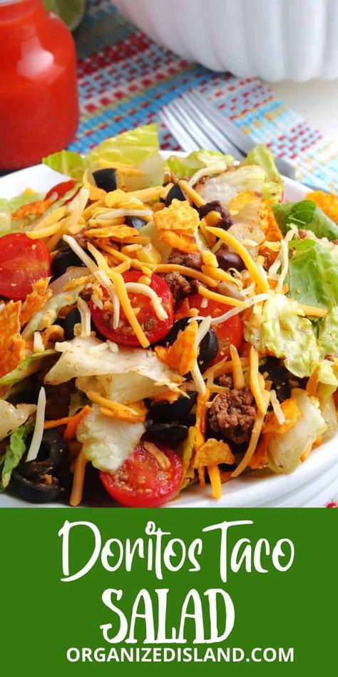 A tasty Doritos Taco Salad recipe that easily makes a savory meal idea any time of year. Delicious as a lunch or dinner idea! Doritos Taco Salad, Dorito Taco Salad Recipe, Taco Salad Dressing, Taco Salad Doritos, Hearty Salad Recipes, Doritos Taco, Salad Making, Best Egg Salad Recipe, Nacho Chips