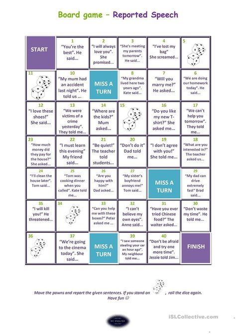 Reported Speech - board game - English ESL Worksheets for distance learning and physical classrooms Grammar Board Games, 3 Word Game, Teaching English For Adults, English Games For Adults, English Games Teaching, English Board Games, Adult Worksheets, English Word Games, Esl Board Games