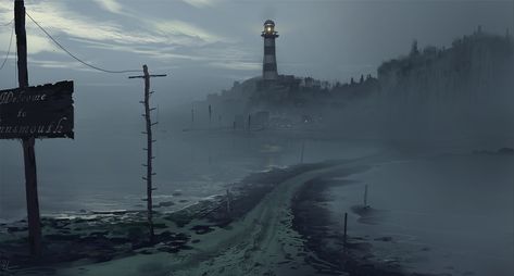 Innsmouth People, The Shadow Over Innsmouth, Cthulhu Mythos, Landscape Concept, Cosmic Horror, Call Of Cthulhu, Matte Painting, Fishing Villages, Environmental Art