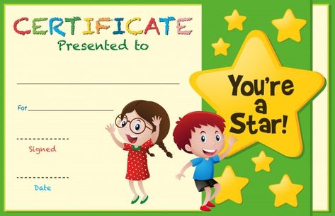 Certificate template with kids and stars... | Premium Vector #Freepik #vector #background #certificate #school #kids Kids Certificate, Free Printable Certificate Templates, Certificates Template, Graduation Certificate Template, Student Certificates, Free Printable Certificates, Stars Illustration, Certificate Of Achievement Template, Kids Awards