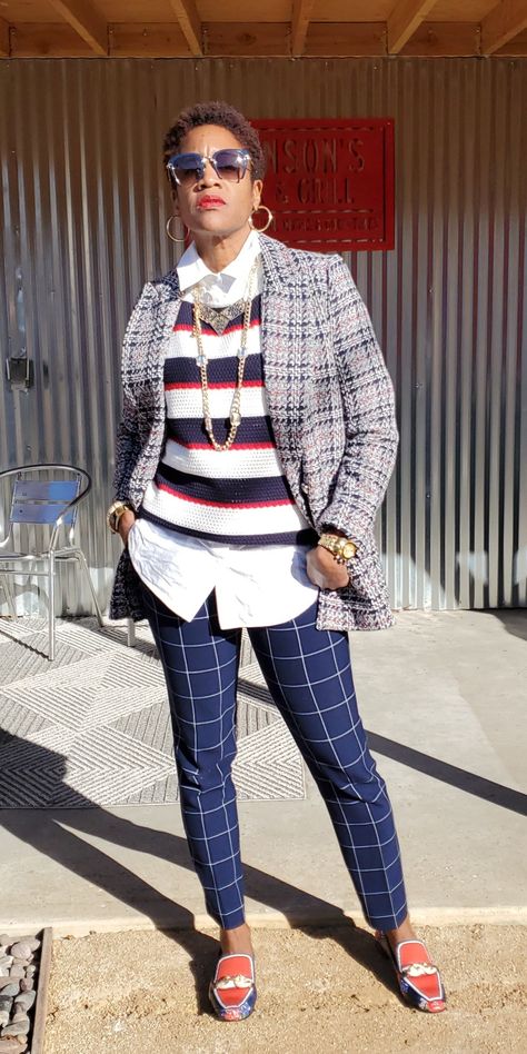 Plaid And Stripes Outfit, Mixing Plaids Outfit, Blue And White Striped Shirt Outfit Black Women, Print Mixing Outfit, Matching Patterns Outfits Mixing Prints, Plaid Mixed Prints Outfit, Mixed Pattern Outfit, Fitted Gingham Pants With Houndstooth Pattern, Sabra Johnson