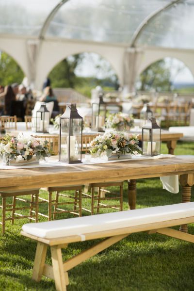 Outdoor wedding table: http://www.stylemepretty.com/new-york-weddings/huntington/2013/10/25/oheka-castle-wedding-from-mel-barlow-dm-events/ | Photography: Mel Barlow - http://www.melbarlowandco.com/ Picnic Table Wedding, Outdoor Table Centerpieces, Picnic Table Decor, Outdoor Wedding Centerpieces, Outdoor Wedding Tables, Outdoor Table Decor, Oheka Castle, Clear Tent, Romantic Outdoor Wedding