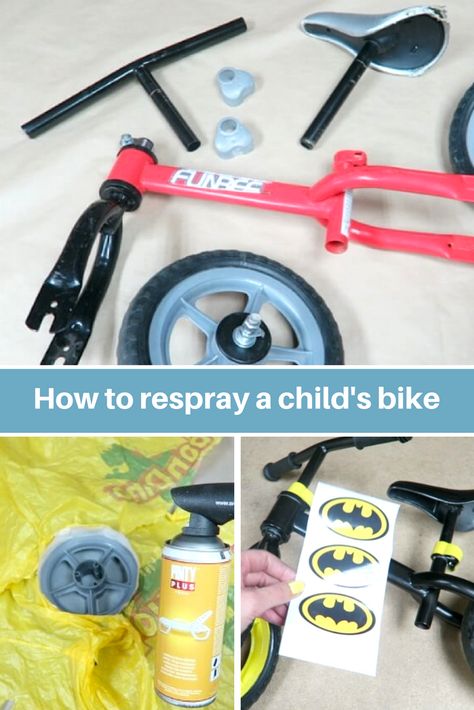 Spray Paint Bike Diy, Kids Bike Makeover, Bicycle Makeover, Batman Bike, Diy Kids Paint, Strider Bike, Toddler Bike, Bicycle Diy, Paint Bike