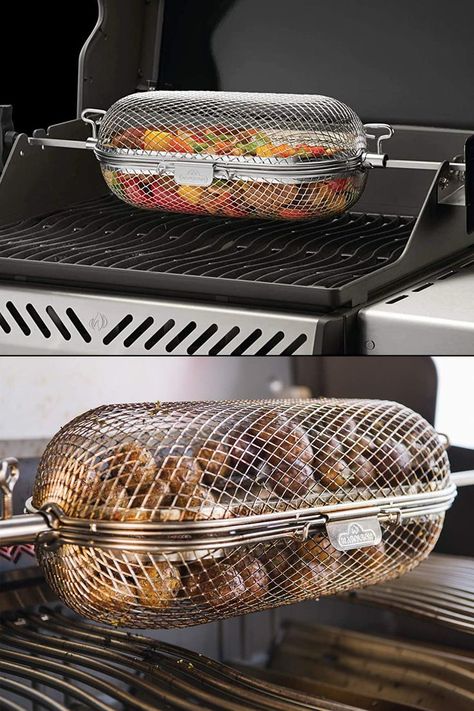 Have a rotisserie on your grill? Grill up roasted vegetables, potatoes, French fries, wings, and more with total ease using this stainless steel grill basket. Grilling Gadgets, Rotisserie Grill, Grill Basket, Basket Diy, Steel Grill, Camping Grill, Backyard Kitchen, Stainless Steel Grill, Outdoor Kitchen Patio