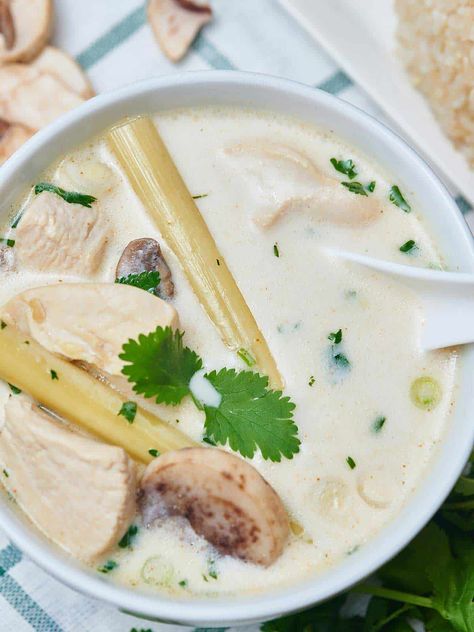 Tom Kha Gai Soup (Coconut Chicken Soup) - Show Me the Yummy Tomkhagai Soup, Tom Kha Gai Soup Recipe, Tom Kha Gai Soup, Tom Kha Gai, Tom Kha, Spicy Thai, Coconut Chicken, Low Carb Soup, Tender Chicken