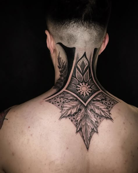 Geometric Neck Tattoo, Mandala Neck Tattoo, Geometric Throat Tattoo, Black Sleeve Tattoo, Geometric Mandala Tattoo, Geometric Sleeve Tattoo, Throat Tattoo, Back Of Neck Tattoo, Geometric Sleeve