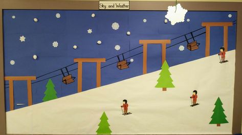 Ski slope bulletin board winter theme preschool The Mitten Bulletin Board, Mittens Bulletin Board, Ski Lodge Bulletin Board, Ski Lodge Classroom Door, Lodge Nursery, Winter Classroom Door, Swiss Christmas, Winter Classroom Decorations, Winter Theme Preschool