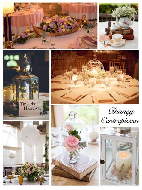 Love Story Wedding Theme Centerpieces, Subtle Disney Decor Wedding Ideas, Subtle Disney Centerpieces, Elegant Disney Wedding Centerpieces, Disney Centrepiece Wedding, Disney Wedding Subtle, Subtle Disney Wedding Centerpieces, Classy Disney Decor, Subtle Disney Wedding Decor