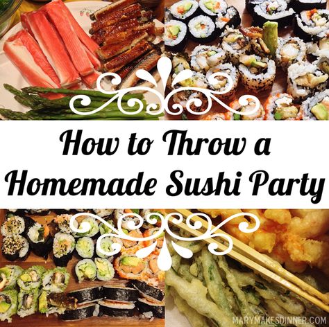 Homemade Sushi Ingredients, Sushi Making Party Ideas, Sides For Sushi Dinner, Sushi Party Food Ideas, Sushi Party Platter, Make Your Own Sushi Party, Sushi Side Dishes, Sushi Dinner Ideas, Sushi Sides