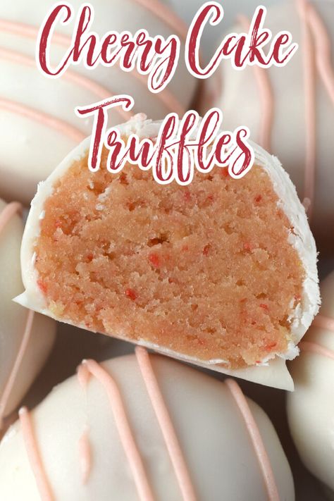 Cherry Cake Truffles – A delicious treat made with just 3 simple ingredients – boxed cherry cake mix, white chocolate, and cream cheese! Perfect for any holiday or party! Cherry Truffles | Truffle Recipe | Cherry Cake Truffles Cherry Chip Cake Pops, Cherry Cake Mix Recipes, Cherry Cake Pops, Cherry Chip Cake Mix Recipes, Cake Truffle Balls, Cake Mix Truffles, Cherry Truffles, Cherry Chip Cake Mix, Cake Balls Recipe