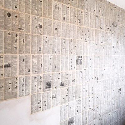 Decoupage A Wall With Vintage Book Pages · How To Make Wallpaper / A Wall Painting · Home + DIY on Cut Out + Keep Books As Wallpaper, Wallpaper With Book Pages, Modge Podge Wallpaper, Decoupage Walls Ideas, Newspaper Wall Hanging Diy Paper, Bookpage Wallpaper, Book Pages As Wallpaper, Wallpaper With Books, Decoupage Walls