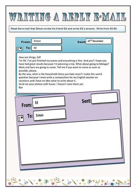 WRITING A REPLY E-MAIL worksheet - Free ESL printable worksheets made by teachers English Writing Practice, Writing Email, Esl Writing, English Creative Writing, Writing English, Mail Writing, Email Writing, Write An Email, Writing Rubric