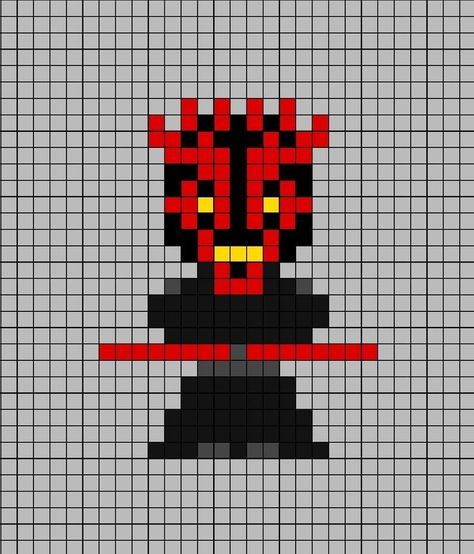 Pixel art template of Darth Maul from Star Wars (easy). Star Wars Dibujos, Star Wars Pixel Art, Star Wars Crochet, Easy Perler Bead Patterns, Lego Activities, Pearl Beads Pattern, Star Wars Disney, Felt Fairy, Minecraft Pixel Art