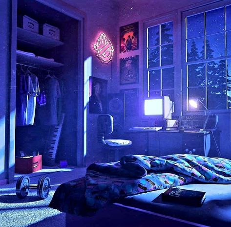 Synthwave Aesthetic Room, 80’s Room, Red Keyboard, Cyberpunk Room, Synthwave Fashion, Night Bed, Old Pc, Pink Neon Lights, Lofi Aesthetic