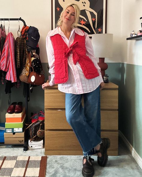 Big collars and big girl shoes for me all year round Shirt & gilet: @damsonmadder Trousers: @levislondon Shoes: @drmartensofficial ✨ ausssie girl style, spring outfit, striped trousers, doc martens, Mary Janes, damson madder, summer style #docmartens #howtostyleit #damsonmadder #springstyle #londonstyle #summerstyle #ootd #redgilet Damson Madder Gilet Outfit, Damson Madder Gilet, Damson Madder Aesthetic, Doc Marten Mary Janes Outfit, Doc Martens Oxfords Outfit, Doc Martens Mary Janes Outfit, Doc Martens Mary Janes, Shoes For Me, Mary Jane Outfit