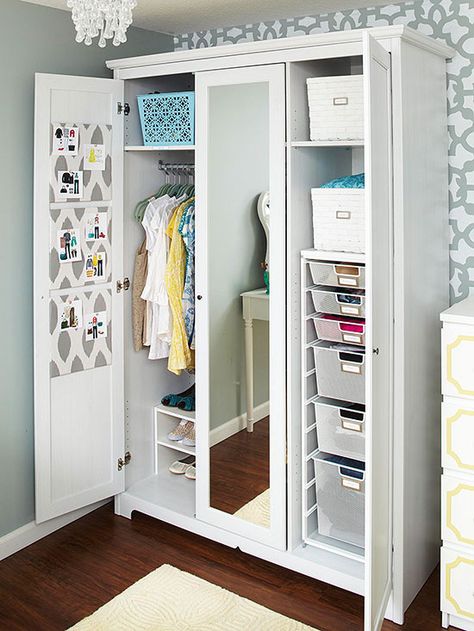 If you don’t have much closet space an armoire can be the perfect solution. More tops for an organized home: http://www.bhg.com/decorating/storage/organization-basics/organized-home/?socsrc=bhgpin122713armoire&page=16 Shoes Closet, Create Room, Organized Closet, Wardrobe Organisation, Storage Products, Small Closet, Wardrobe Armoire, Home Organization Hacks, Closet Space