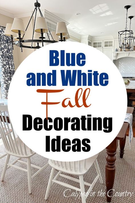 White kitchen with blue curtains, seagrass rug and table decorated with blue for fall. Blue Pumpkin Tablescape, Blue And White Kitchen Decor Ideas, Blue And White Decorating Ideas, White Fall Decor Ideas, Blue And White Fall Decor, White Decorating Ideas, Decorating With Blue And White, White Fall Decor, Decorating With Blue