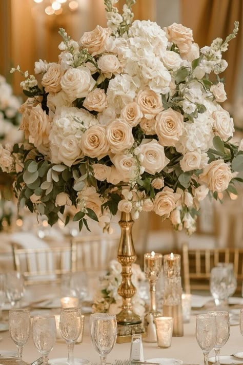 Ivory Flower Centerpieces, White And Tan Floral Arrangements, Gold Table Wedding Decor, Wedding Centerpieces Romantic Elegant, Pink White Green Wedding Centerpieces, White And Cream Flower Arrangements, Champagne Roses Wedding, Champagne Wedding Theme Flowers, Elegant And Romantic Wedding Decor