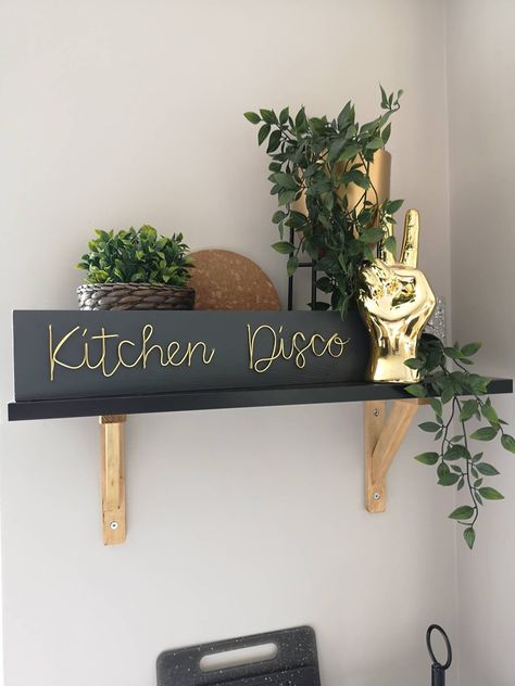 Disco Sign, Bat Decorations On Wall, Rustic Wooden Kitchen, Kitchen Disco, Kitchen Wall Decoration, Kitchen Plaques, Top Kitchen Cabinets, Wire Words, Colourful Kitchen