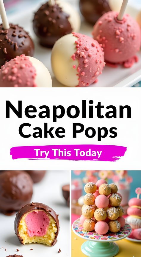 Discover how to make delightful Neapolitan Cake Pops with this easy-to-follow recipe. Perfect for parties, these cake pops combine chocolate, vanilla, and strawberry flavors into one irresistible treat. #NeapolitanCakePops #CakePops #DessertRecipe #PartyTreats #EasyRecipes. Follow our step-by-step guide and create these delicious cake pops for your next gathering! Neapolitan Cake, Cake Pops Recipe, Cake Pop Recipe, Decadent Chocolate Cake, Irresistible Desserts, Sweet Cravings, Delicious Cake, Creamy Cheesecake, Chocolate Cakes