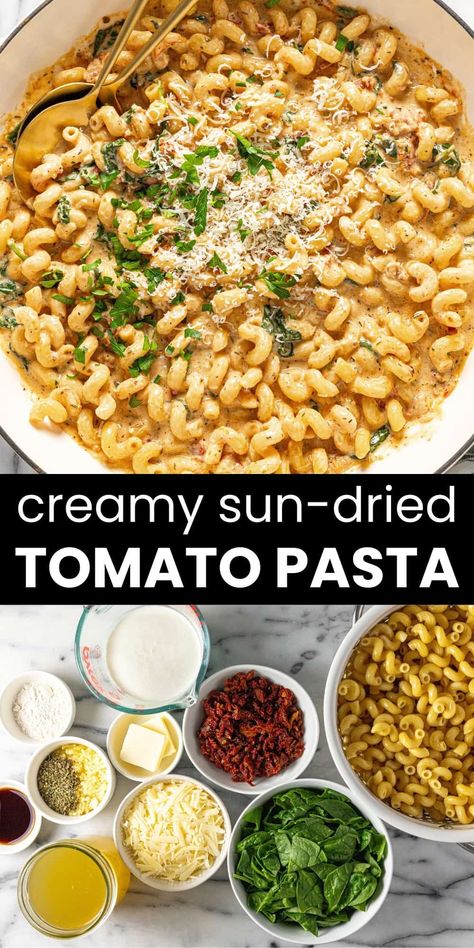 Creamy Pasta with Sun-Dried Tomatoes Recipe Spinach Sundried Tomato Pasta, Recipes With Sun Dried Tomatoes, Lentil Mushroom Stew, Chickpea Gnocchi, Pasta With Sundried Tomatoes, Vegetarian Tortellini, Vegetarian Skillet, Caprese Garlic Bread, 30 Minute Meals Chicken