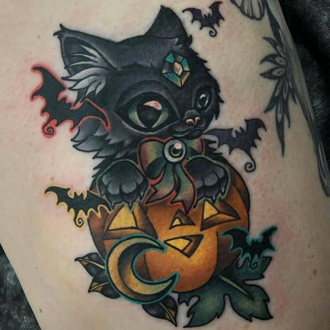 Cat Lover Tattoo, Wiccan Tattoos, Pumpkin Tattoo, Autumn Tattoo, Scary Tattoos, Witch Tattoo, Kawaii Tattoo, Cat Tattoo Designs, Spooky Tattoos