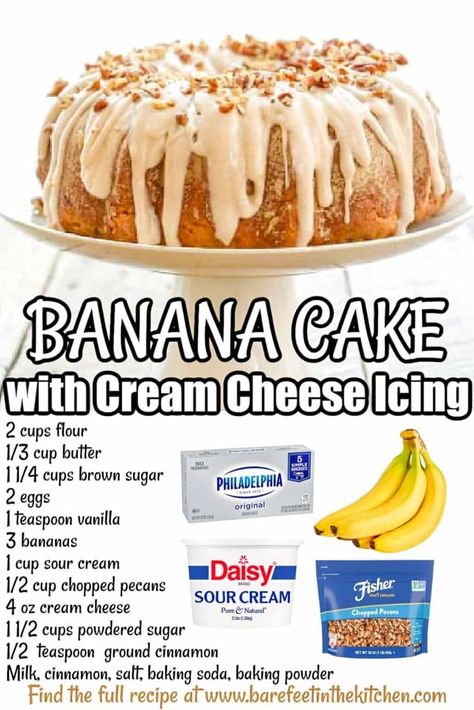 Easy Banana Bundt Cake Moist Banana Cake, Sour Cream Banana Bread, Cake With Cream Cheese Icing, Banana Bundt Cake, Banana Bundt, Cake With Cinnamon, Peanut Butter Banana Bread, Banana Dessert Recipes, Cinnamon Cream Cheese