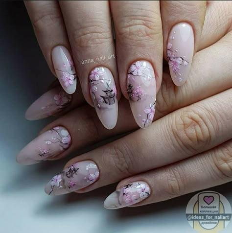 Cherry Blossom Nails Design, Spring Nails Floral, Cherry Blossom Nails Art, Blossom Nails, Cherry Blossom Nails, Nails Floral, Asian Nails, Romantic Nails, Vintage Nails