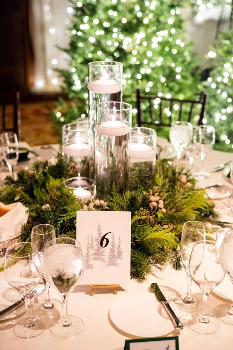 Candlelit Winter Mountain Wedding via Couture Colorado Wedding Decor Winter, Winter Wedding Head Table, Indoor Winter Wedding, Winter Wedding Ceremony, Winter Wedding Decorations Elegant, Winter Wedding Trends, Diy Winter Wedding, Winter Mountain Wedding, Evergreen Wedding