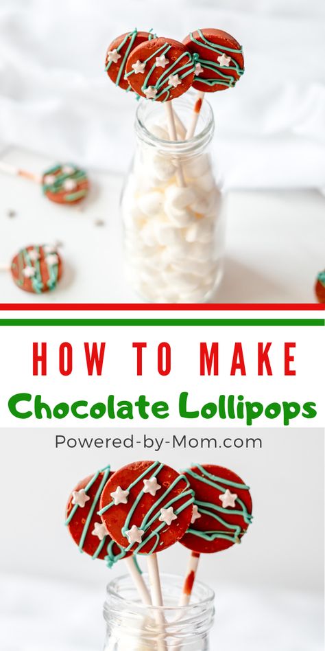 How to Make Chocolate Lollipops - Powered By Mom Lollipops Recipe, Homemade Chocolate Candy, Homemade Lollipops, Lollipop Recipe, Chocolate Lollies, Chocolate Pops, Chocolate Lollipops, Christmas Food Desserts, Christmas Dessert