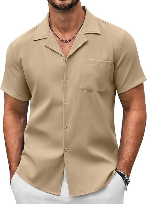 COOFANDY Men's Casual Button Down Shirts Short Sleeve Summer Beach Shirt Fashion Textured Shirts with Pocket Men Button Down Outfit, Mens Beach Fashion, Mens Button Up Shirts, Halloween Costumes For Men, Mens Beach Style, Cuban Shirts, Shirt Outfit Men, Tan Shirt, Collar Shirt Men