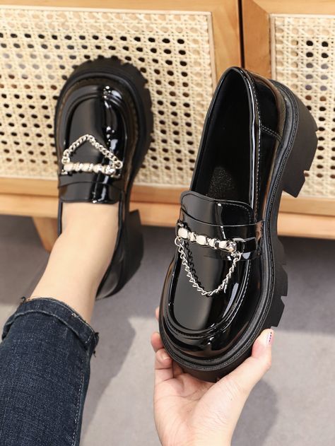 Black Punk Collar   Plain Loafers Embellished   Women Shoes Women Wedges, Chain Decor, Kawaii Shoes, Funky Shoes, Wedge Loafers, Loafer Shoes Women, Fancy Shoes, Girly Shoes, Aesthetic Shoes