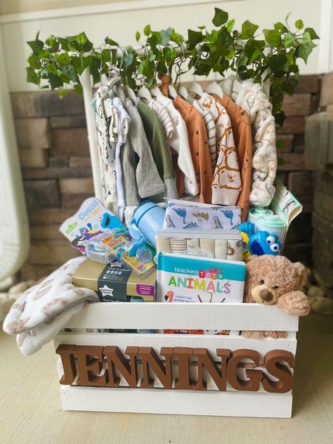 Baby Closet Crate Gift basket-baby Shower Gift Basket-baby - Etsy Baby Book Baskets Shower Gifts, Baby Closet Gift Basket, Baby Shower Closet Crate, Baby Shower Crate Gift Basket For Boy, Baby Basket Gift Ideas Boy, Baby Shower Basket Gift Ideas Boy, Baby Boy Basket Gift Ideas, Baby Shower Gift Box Ideas, Baby Shower Closet Gift