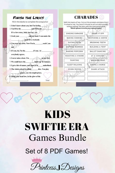 This one goes out to the Little Swifties!
Our new Taylor Swift inspired kids party games are perfect for your little Swiftie's birthday party/slumber party! Available now in the PrintcessJDesigns Etsy shop! Get ready to party like it's 1989!!!! T Swift Birthday, Taylor Swift Scavenger Hunt Ideas, Taylor Swift Jepordy, Taylor Swift Party Activities Ideas, Taylor Swift Birthday Party Activity Ideas, Taylor Swift Games Party, Taylor Swift Birthday Party Ideas Games, Taylor Swift Themed Birthday Party Games, Taylor Swift Birthday Sleepover Ideas