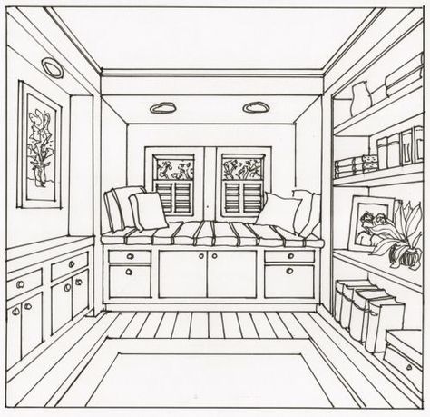 Drawing an interior space with one point perspective One Point Perspective Room, Room Perspective Drawing, 1 Point Perspective Drawing, Perspective Room, 1 Point Perspective, Drawing Room Interior Design, Drawing Room Interior, Bedroom Drawing, Perspective Drawing Architecture