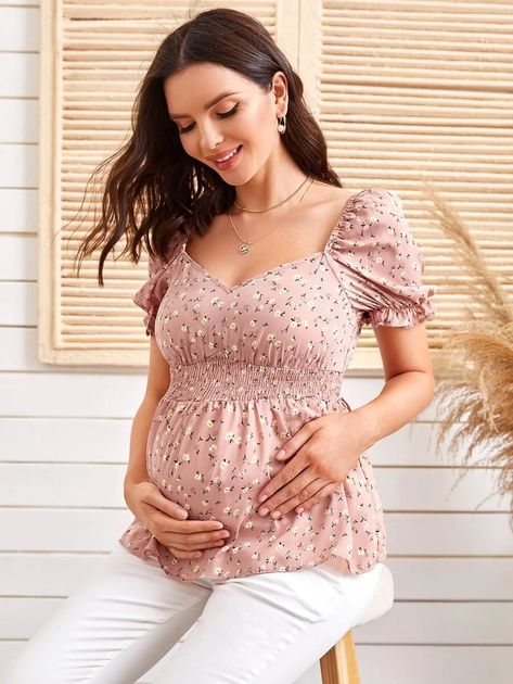 Maternity Shirred Waist Ruffle Cuff Ditsy Floral Peplum Top | SHEIN USA Maternity Blouses, Trendy Office Outfits, Maternity Clothes Summer, Summer Maternity, Wrap Top Blouse, Professional Work Outfit, Floral Peplum Top, Cute Maternity Outfits, Stylish Maternity Outfits