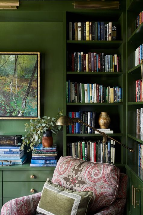 Projects – Design Galleria Kitchen and Bath Studio Beautiful Home Library, Green Bookshelves, Home Library Ideas, Green Library, Space Beautiful, Cosy Room, Home Libraries, Luxe Interiors, Library Ideas