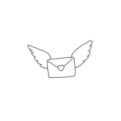 Heart Envelope Drawing, Mail Letter Tattoo, Love Letter Tattoo Envelope, Angel Wings Doodle, Heart With Wings Drawing, Wing Doodle, Angel Doodles, Heart Envelope Tattoo, Angel Line Drawing