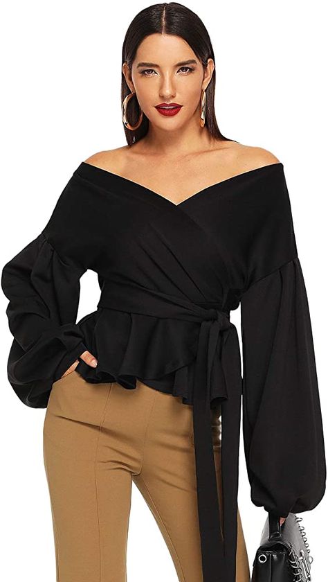 SheIn Women's Long Sleeve V Neck Ruffle Blouse Off Shoulder Tie Waist Wrap Tops X-Small Black at Amazon Women’s Clothing store Lantern Sleeve Top, Lantern Sleeved Blouses, Bow Shirts, Unique Blouse, Peplum Blouse, Long Puff Sleeves, Lantern Sleeve, Looks Style, Lantern Sleeves