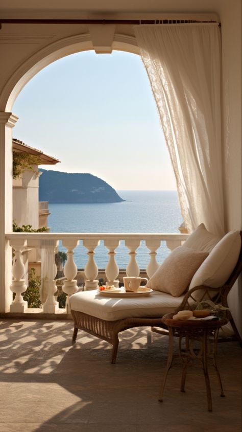 Balcony French Style, Sea Villa Beach Houses, House Near The Sea Aesthetic, Italian Villa By The Sea, Italian House By The Sea, Italian House Bedroom, Italian Villa Interior Bedrooms, Italian Coastal Home, Italian Villa Aesthetic Interior