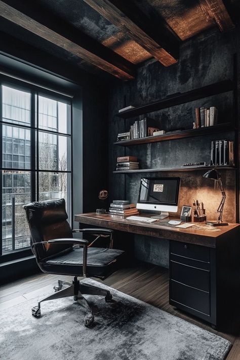 Dark Color Office, Rustic Office Decor Ideas, Office Design For Men, Modern Masculine Office, Home Workspace Ideas, Classy Desk, Masculine Home Office Ideas, Clever Organization, Masculine Home Office