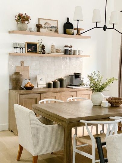 Dining Room With Bar Area, Light Wood Dining Room, Jaci Daily, Dining Room Coffee Bar, Dining Room Shelves, Earthy Decor, Buffet Decor, Dining Room Sideboard, Dining Room Hutch